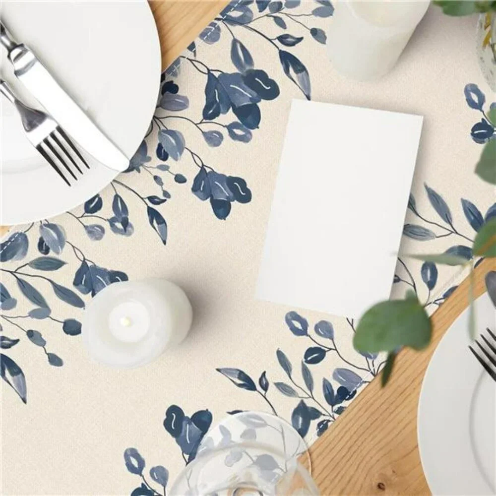 Blue and White Table Runner 13x71 Watercolor Leaves Farmhouse Dining Table Decor